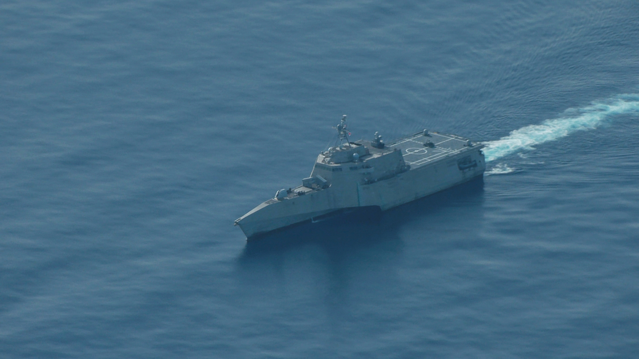 An aerial view of the USS Cincinnati combat ship navigating near the disputed Scarborough Shoal, as a Philippine Coast Guard aircraft carrying journalists patrols the area, in the South China Sea, August 13, 2025. (File Photo - Reuters)