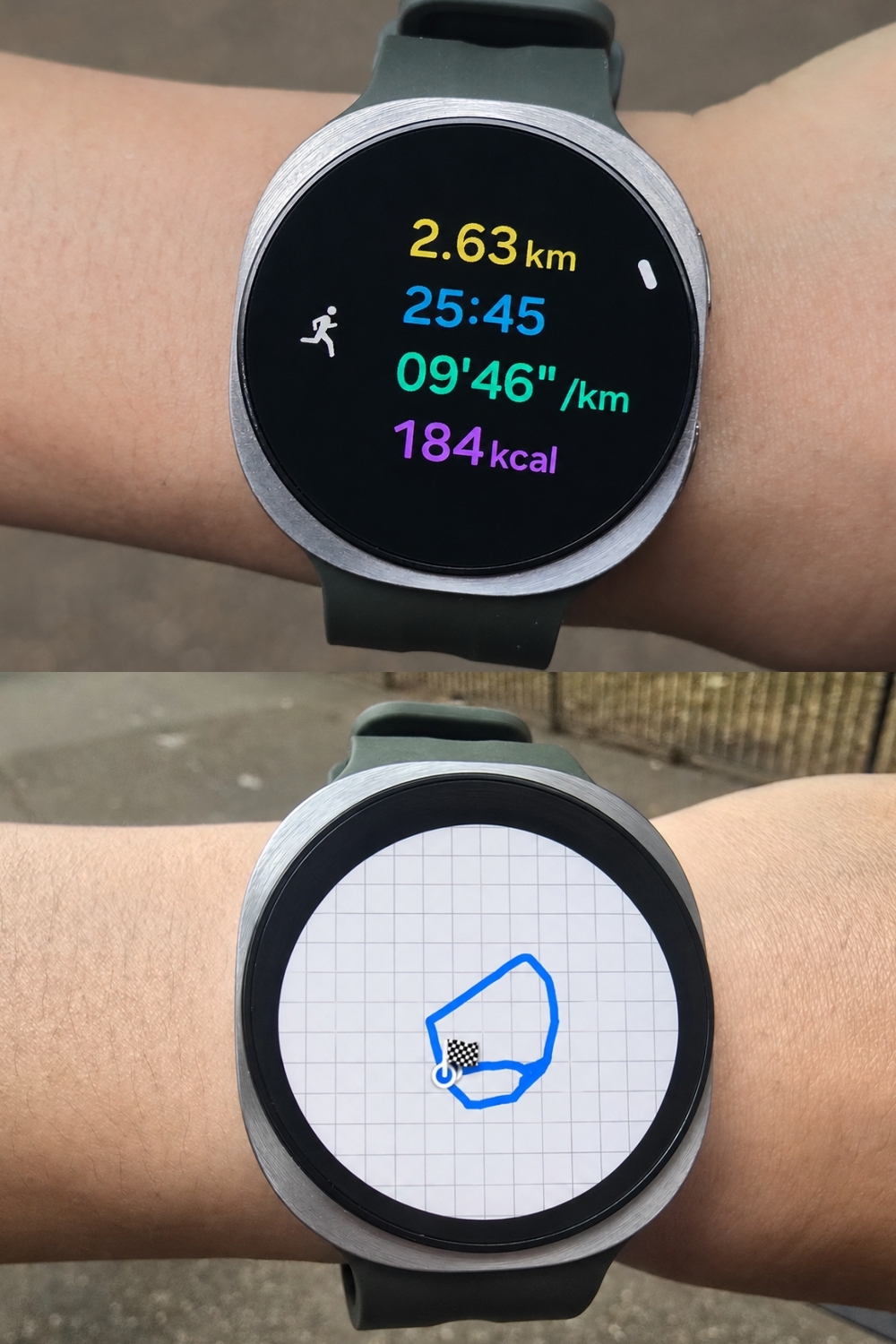 Samsung Electronics’ Galaxy Watch9 displays the final running stats (top) and completed route from a run at St. James’s Park in London on Thursday. (Jie Ye-eun/The Korea Herald)