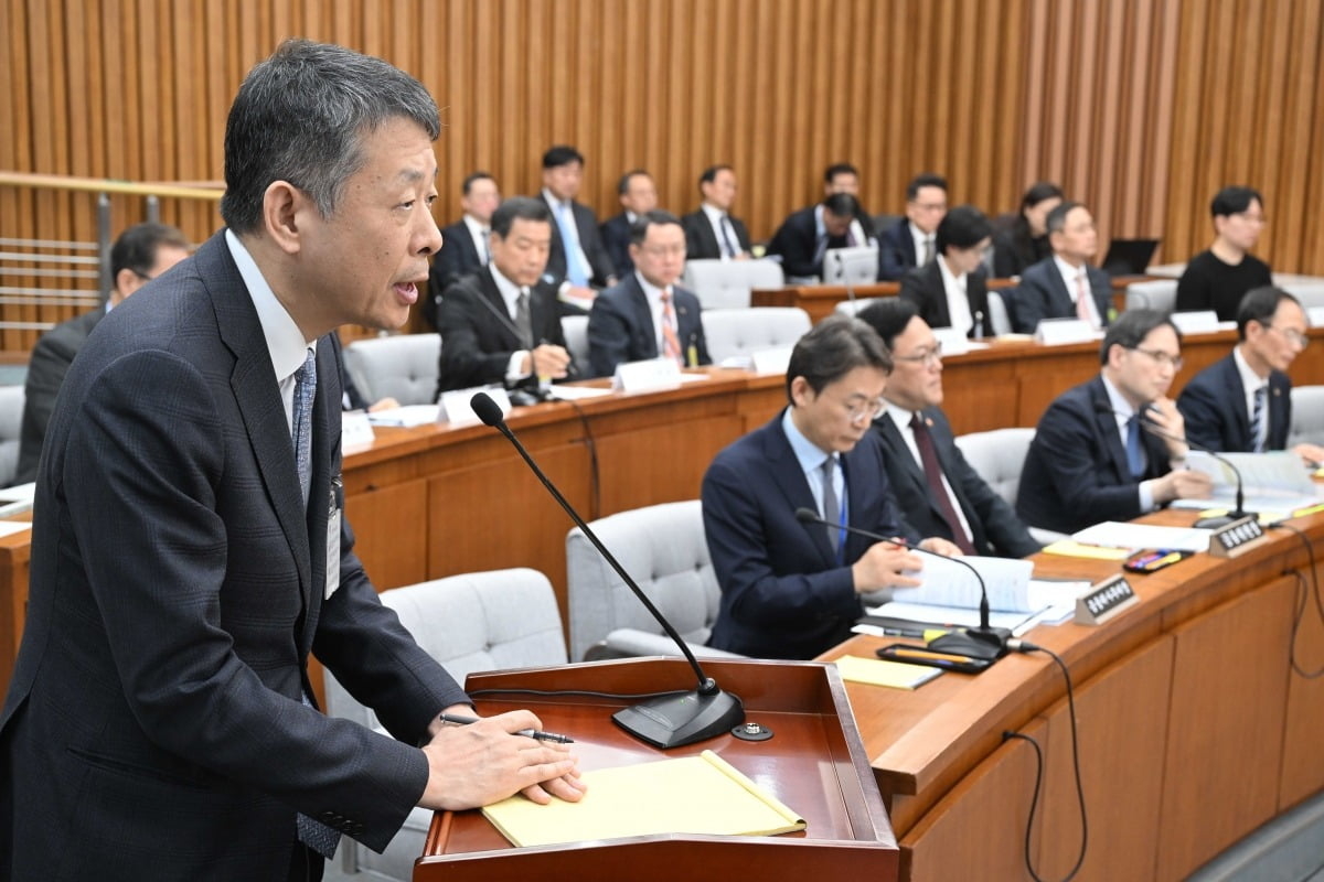 김광일(왼쪽) MBK 파트너스 부회장 겸 홈플러스 공동대표가 지난 3월 국회 정무위원회 ‘홈플러스·MBK파트너스’에 대한 긴급 현안질의에 출석해 발언하고 있다.[연합]