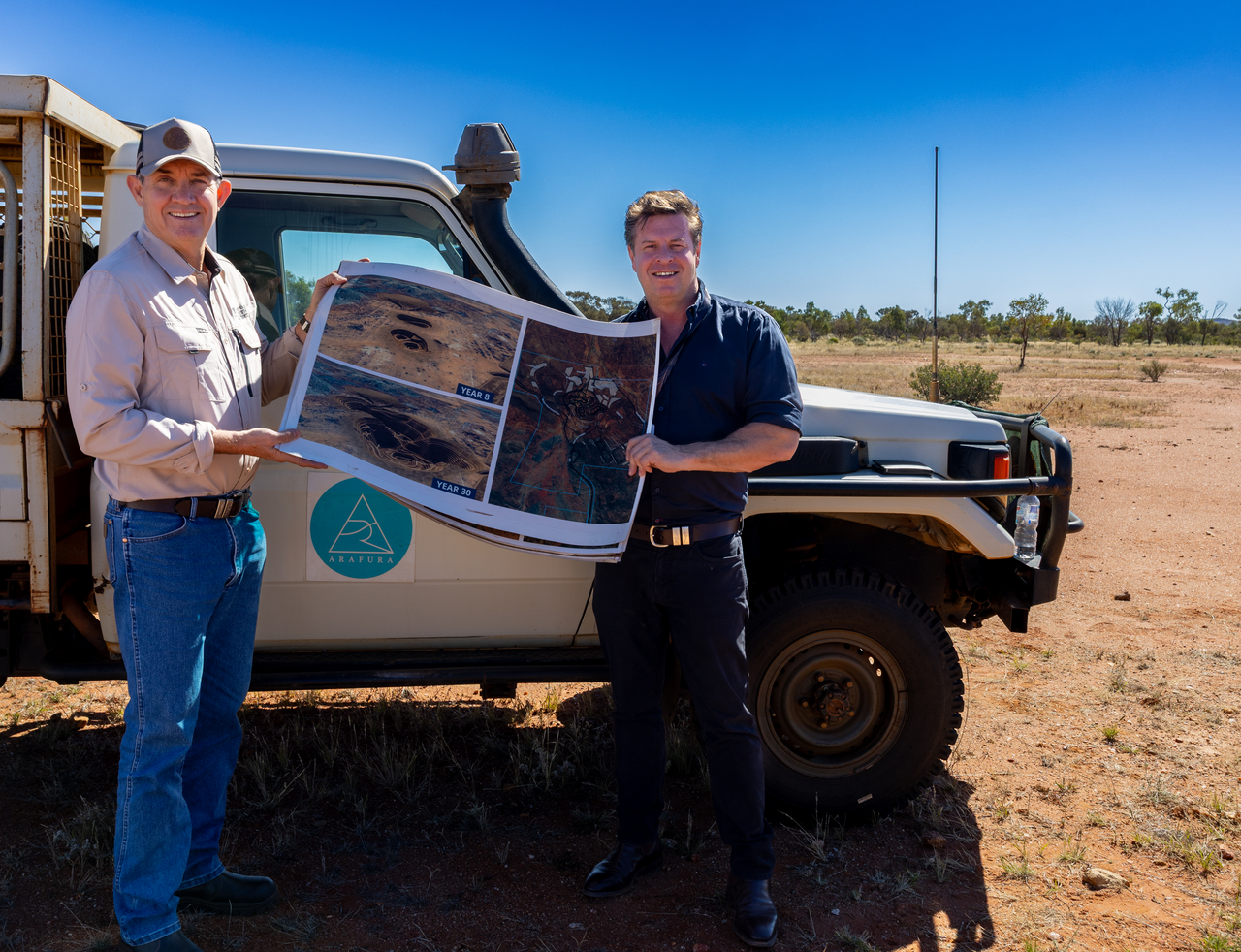 Stewart Forrest (right), head of Northern Territory and Indigenous Affairs at Arafura Rare Earths, poses for a photo during a media tour at the Nolans site in the Northern Territory of Australia on July 13. (Northern Territory Government)