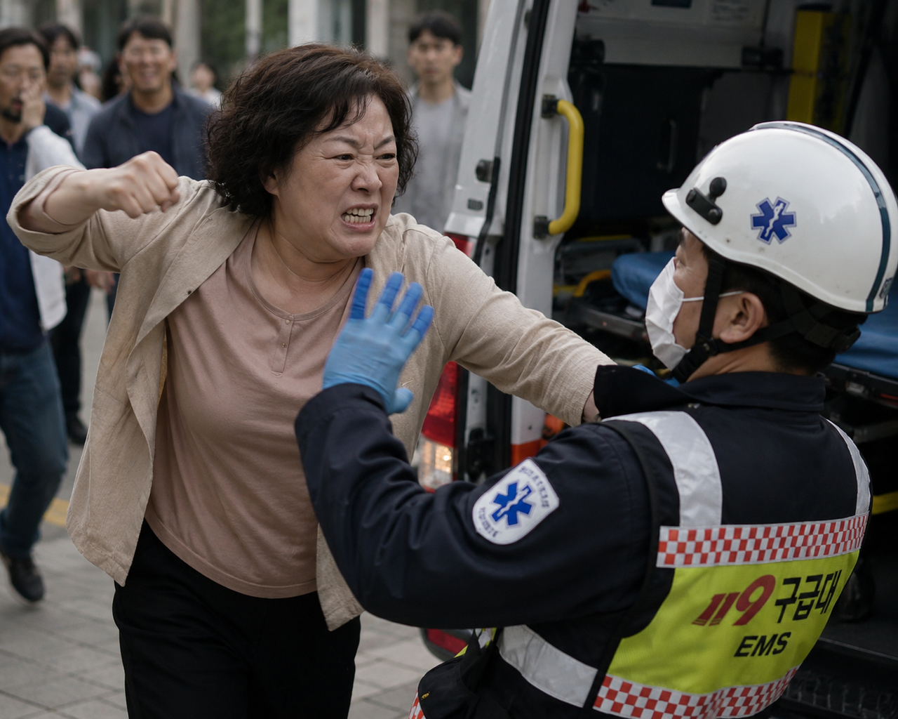 구급대원을 폭행하는 중년 여성을 표현한 챗GPT 이미지. [출처=챗GPT]