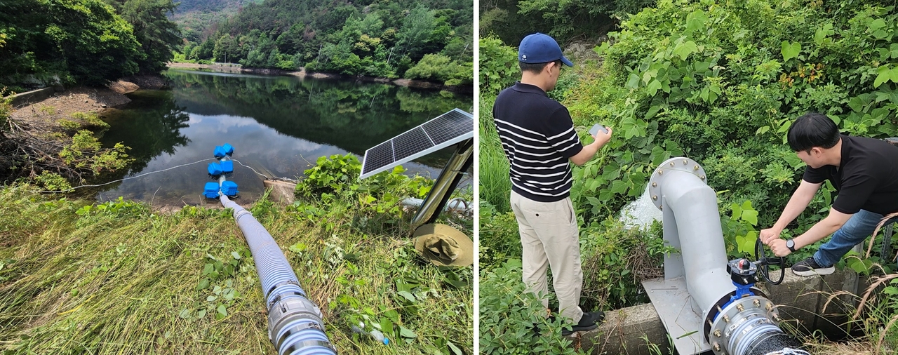 The disaster-response siphon system deployed at Inmoksan Reservoir in Miryang. [Korea Institute of Civil Engineering and Building Technology]