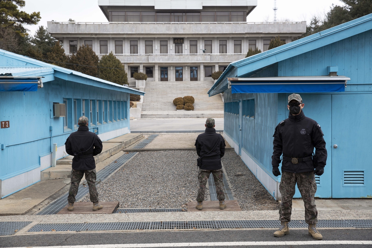 South Korean soldiers stand guard in the truce village of Panmunjom inside the demilitarized zone separating South and North Korea on March 03, 2023 in Panmunjom, South Korea. (Getty Images)