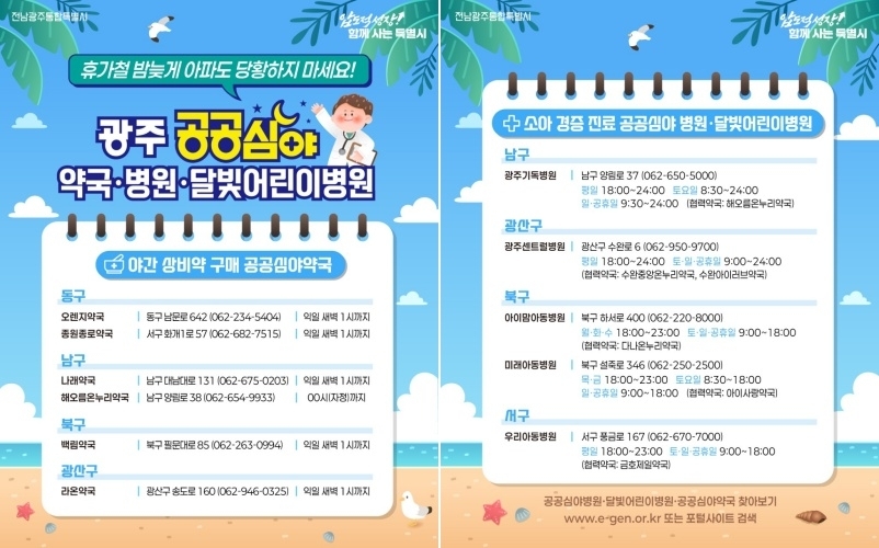 전남광주통합특별시는 여름 휴가철  광주권역 공공심야·달빛어린이병원과 공공심야 약국을 운영한다.
