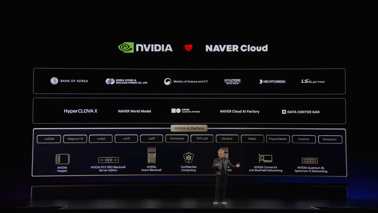 Jensen Huang addresses the GTC Taipei audience on June 1, the appearance in which Nvidia first publicly named Naver Cloud a key partner in its global AI infrastructure push. (Nvidia)