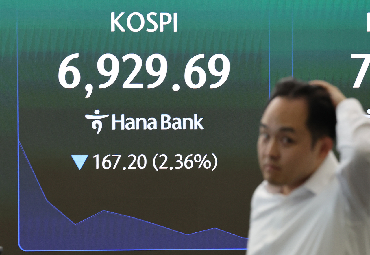 코스피지수는 6월 19일 장중 최고점인 9385.59를 찍은 이후 한 달 만에 7000선 아래로 후퇴했다. 코스피가 하락 출발한 24일 서울 중구 하나은행 본점 딜링룸에서 한 딜러가 자리로 향하고 있다.  [연합]