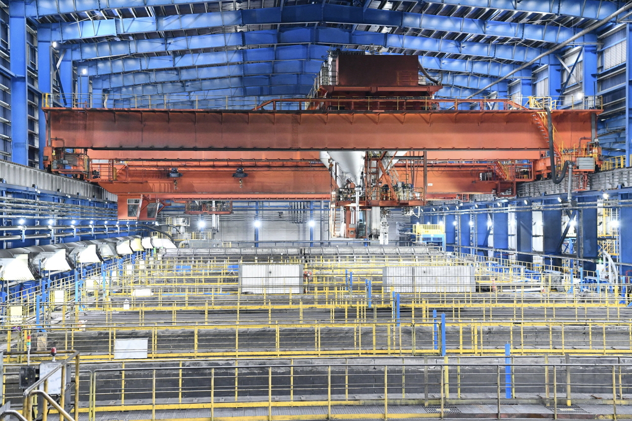 A production line at Posco Future M's artificial graphite anode material factory in Pohang. [Posco Future M]