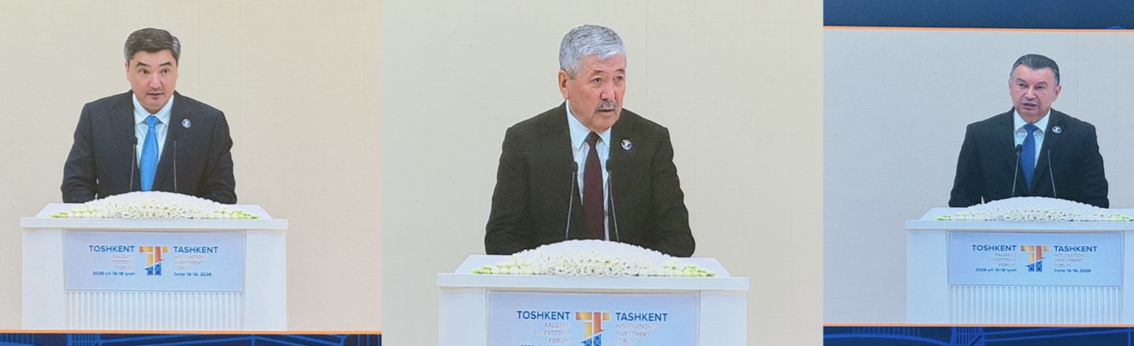 From left, Kazakh Prime Minister Olzhas Bektenov, Kyrgyz Prime Minister Adylbek Kasymaliev and Tajik Prime Minister Kokhir Rasulzoda participate in a plenary session of the Fifth Tashkent International Investment Forum at Tashkent City Congress Hall in Tashkent, Uzbekistan, on Wednesday. (Sanjay Kumar/The Korea Herald)