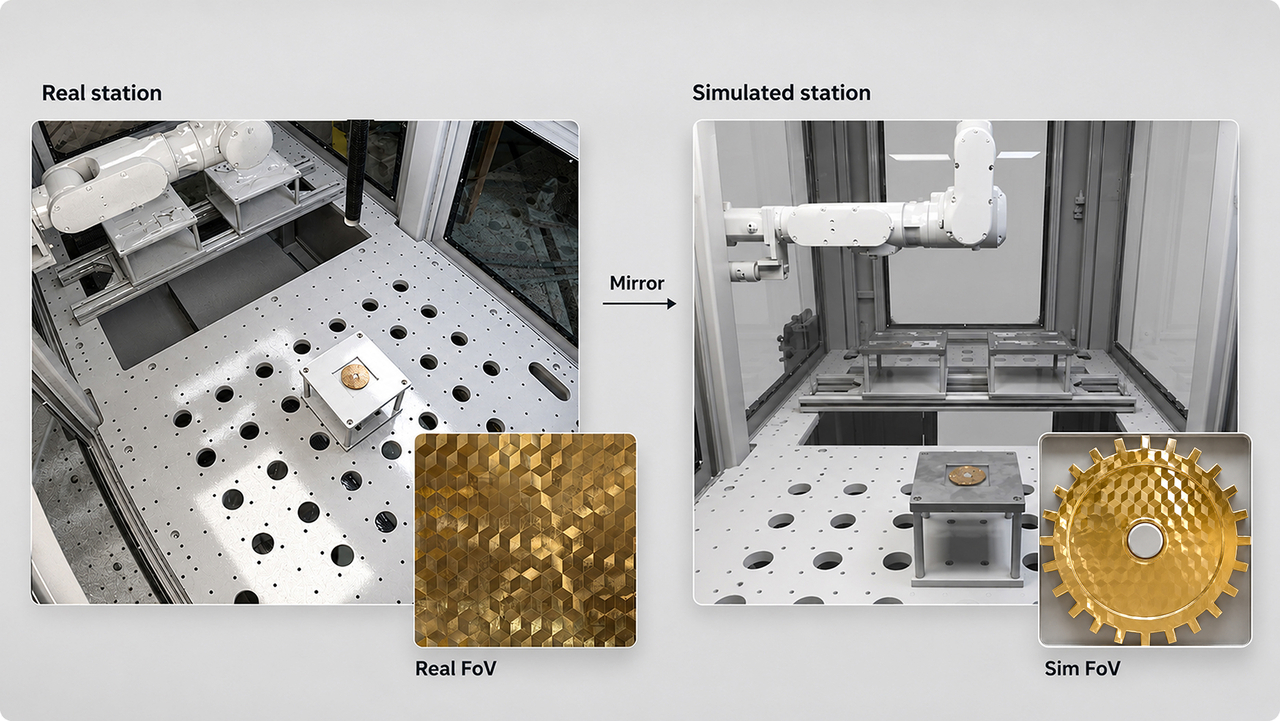 The screen on the left compares real industrial processes and components, while the right side shows a high-precision digital twin-based simulation environment. [Provided by Sky Intelligence]