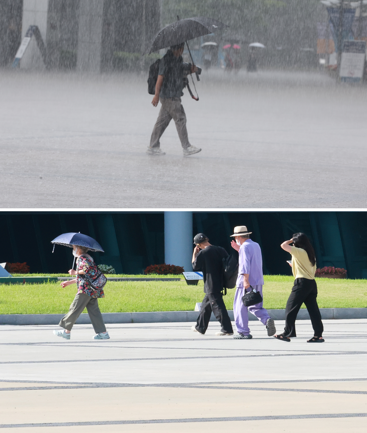 These two photos show the contrasting weather conditions on Monday in Busan, which saw torrential rain in the morning (above) and blazing heat in the afternoon. (Yonhap)