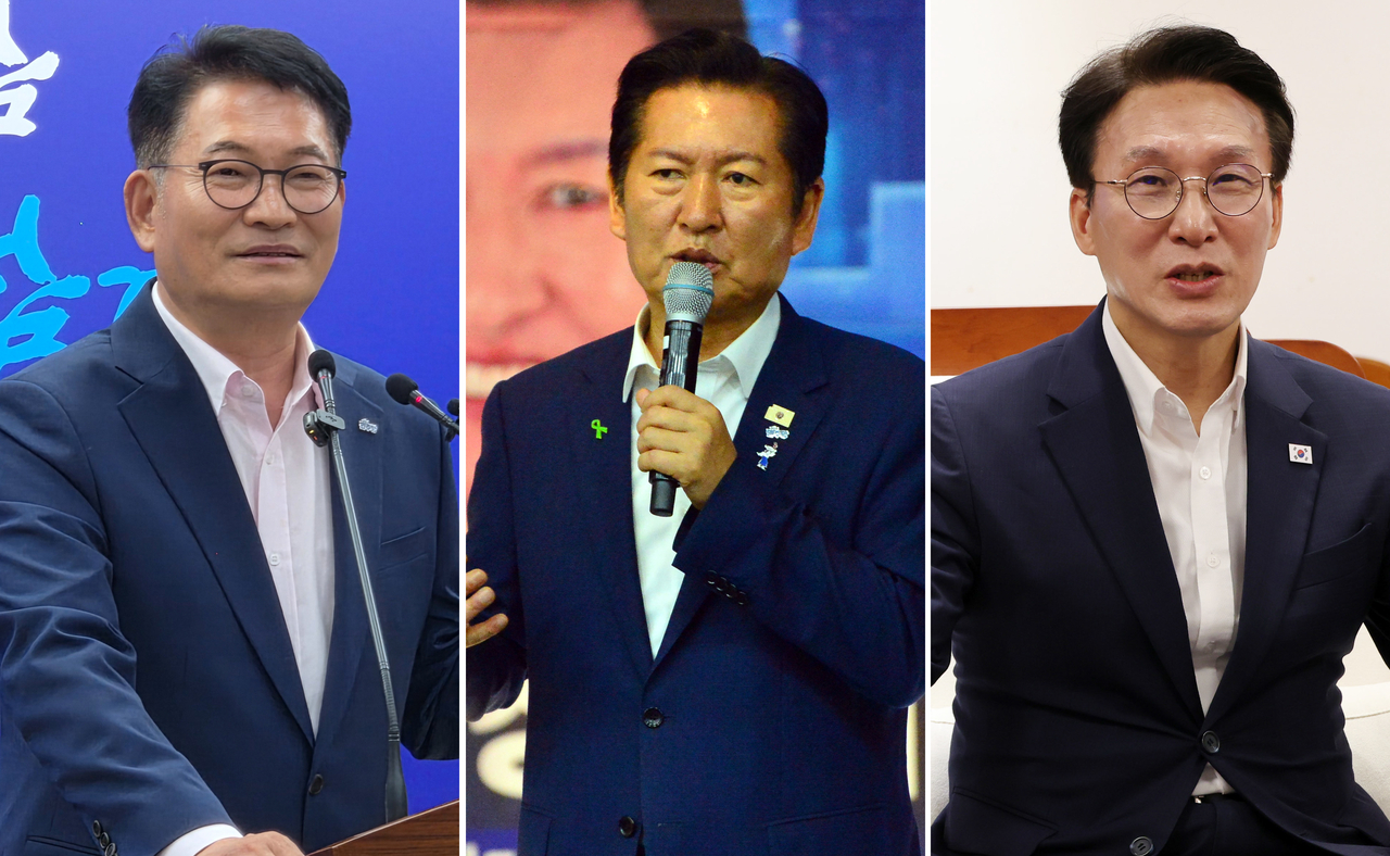 Democratic Party of Korea leadership candidates Song Young-gil (left), Jung Chung-rae and Kim Min-seok hold events Monday at South Chungcheong Province's provincial office, an urban regeneration hub in Cheongju, North Chungcheong Province, and Sejong City Hall, respectively. [Newsis]