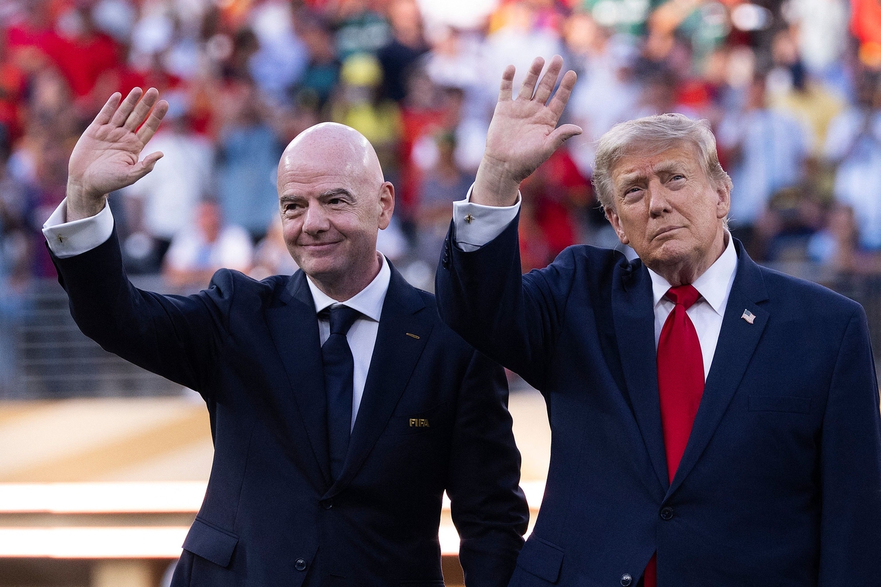 FIFA President Gianni Infantino (left) and US President Donald Trump prepare for the award ceremony after the FIFA World Cup 2026 final match between Spain and Argentina, at New York New Jersey Stadium in East Rutherford, New Jersey, July 19.    (AFP-Yonhap)