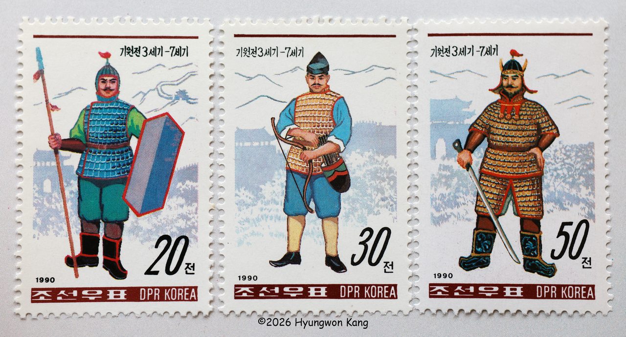 North Korean postage stamps on display in Pyongyang depict Goguryeo soldiers wearing different styles of armor spanning more than a thousand years of Goguryeo history, from the 3rd century BC to the 7th century AD. (Hyungwon Kang)