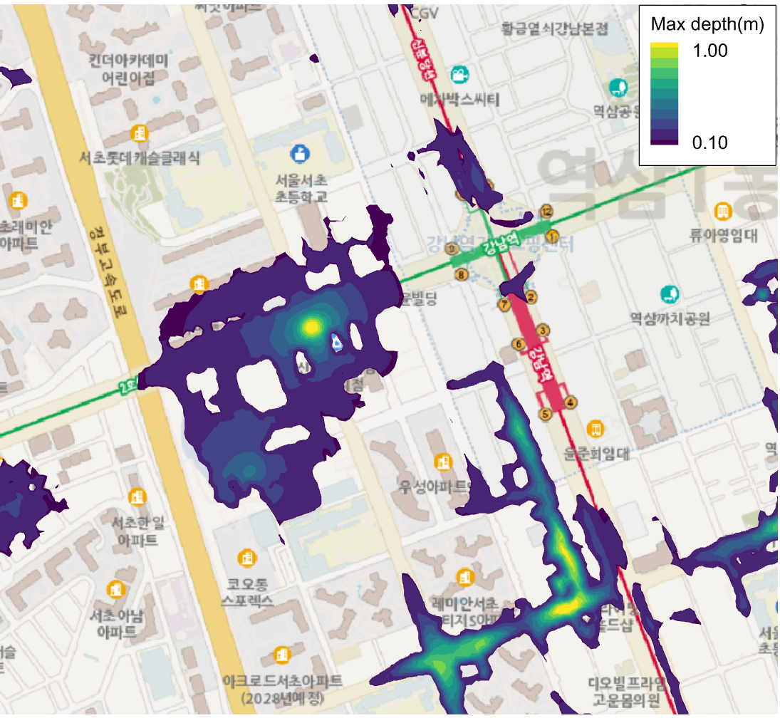 강남역 인근 침수 모의 결과.[한국건설기술연구원 제공]