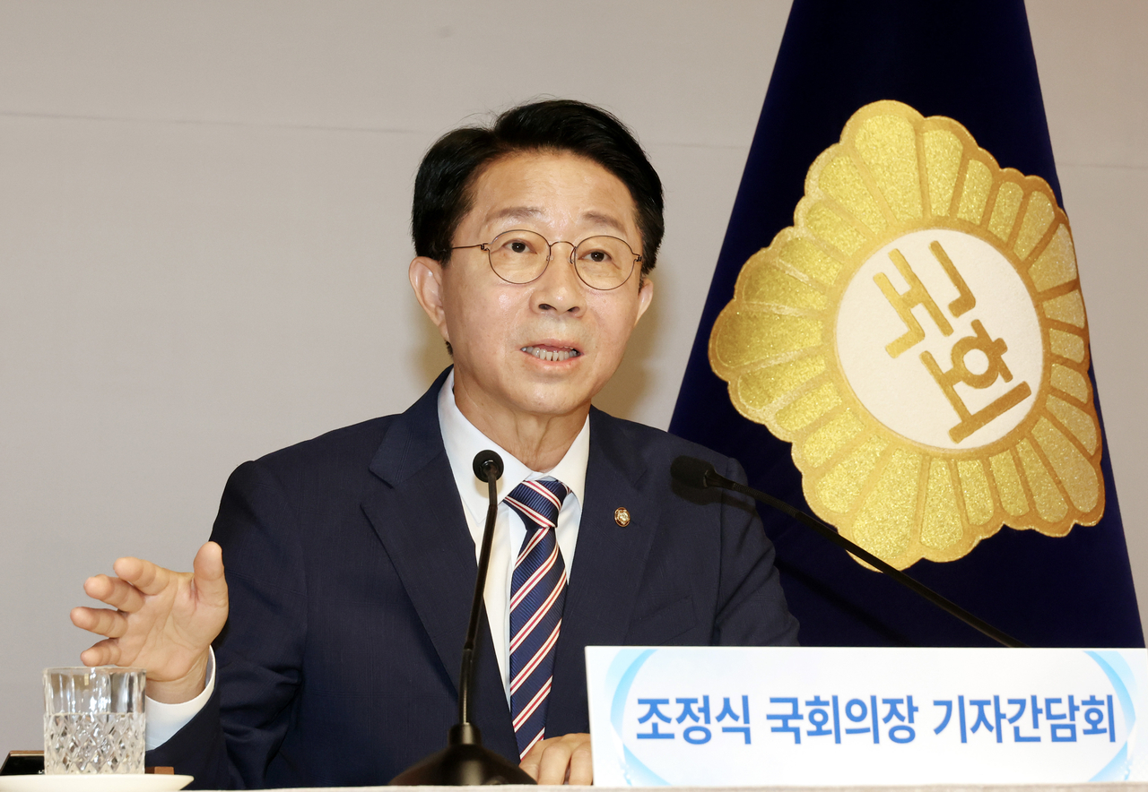 National Assembly Cho Jeong-sik attends the first press conference at the National Assembly in Seoul on Tuesday, since his inauguration in June as the new parliamentary speaker for the second half of the 22nd parliament until May 2028. (Pool photo from Yonhap)