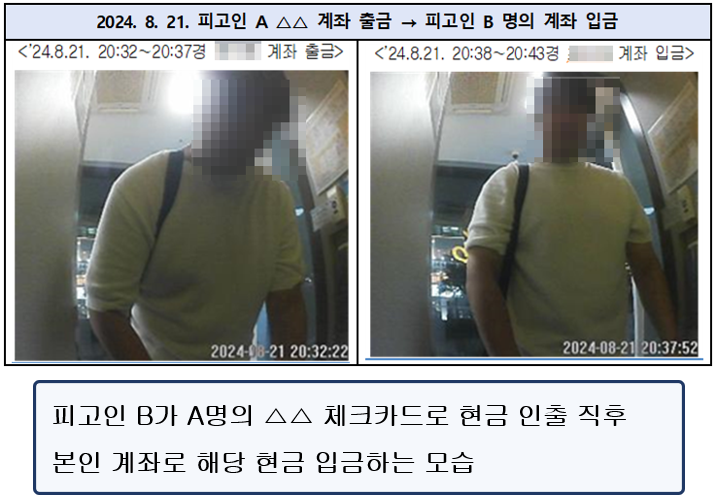 피고인 B가 A명의 체크카드로 현금을 찾아간 직후 본인 계좌로 해당 현금을 입금하는 모습 [서울남부지검 제공]