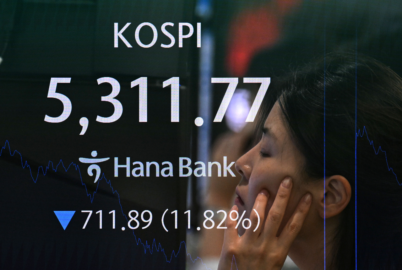 Screens at Hana Bank’s dealing room in central Seoul show the won-dollar exchange rate and the Kospi and Kosdaq indexes Wednesday, as circuit breakers were triggered in both markets for a second consecutive session amid another sharp selloff. (Im Se-jun/The Korea Herald)