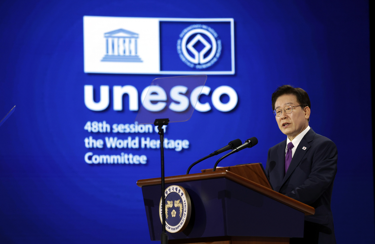 President Lee Jae Myung speaks during the opening ceremony of the 48th UNESCO World Heritage Committee meeting on July 19 in Busan. (Yonhap)