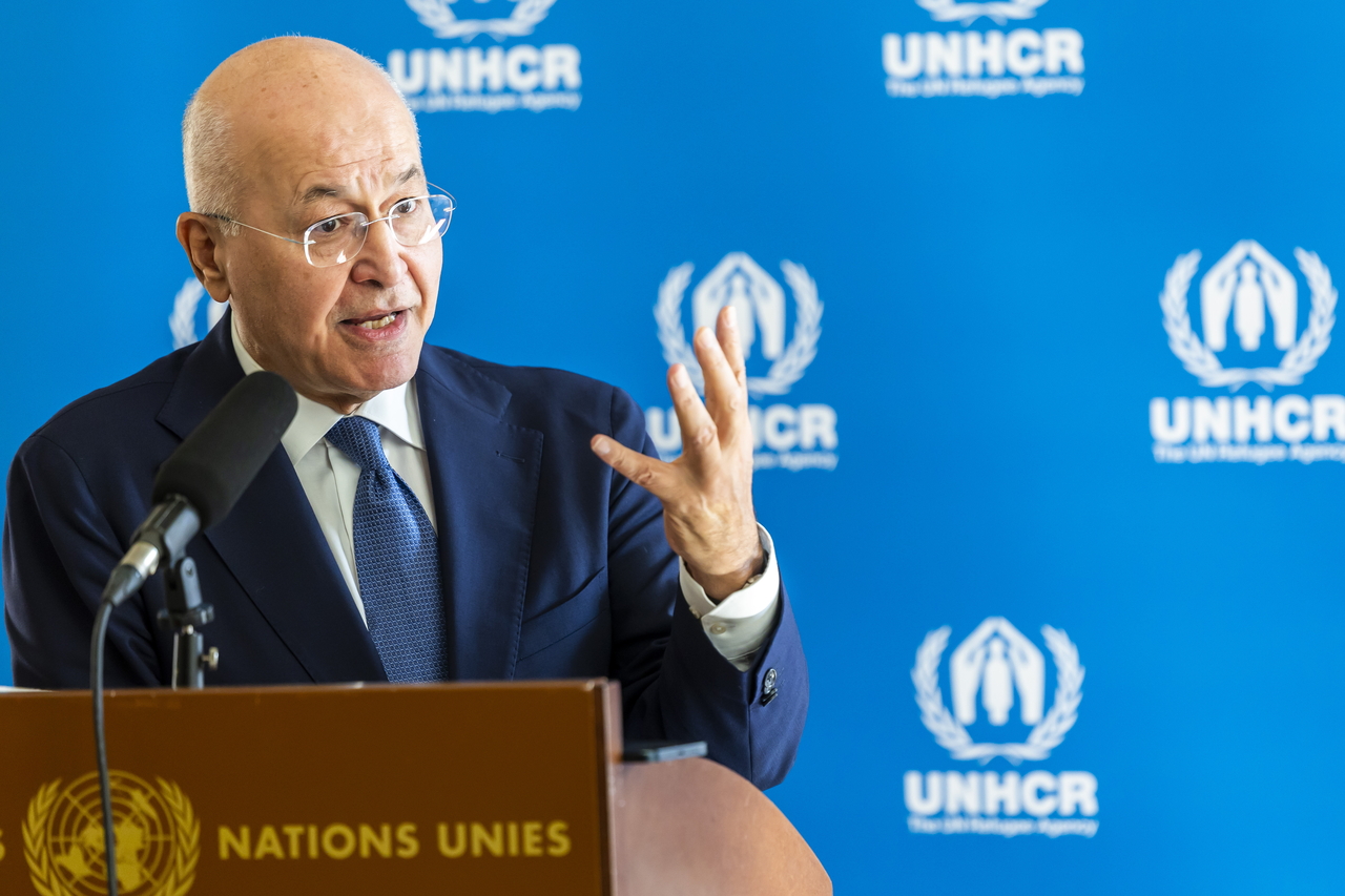 The United Nations High Commissioner for Refugees Barham Salih speaks to the media in Geneva, Tuesday. (EPA-Yonhap)