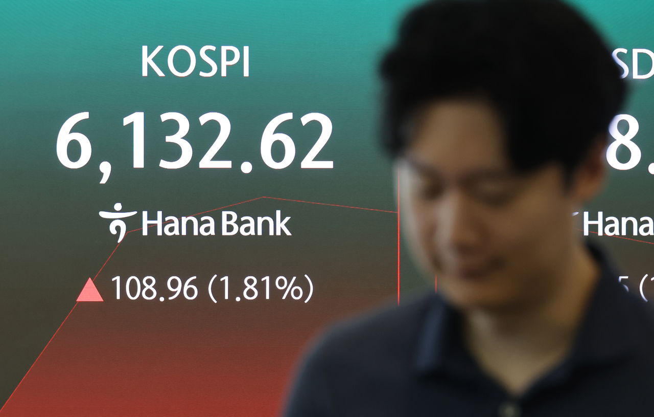 29일 서울 하나은행 본점 딜링룸에 코스피와 코스닥 지수가 표시되고 있다. 이날 코스피는 전날의 급락을 딛고 장 초반 1~2%대의 상승세를 보이고 있다. 오전 9시 1분 현재 코스피는 전날보다 104.69포인트(1.74%) 오른 6,128.35로 상승세를 이어가고 있다. [연합]