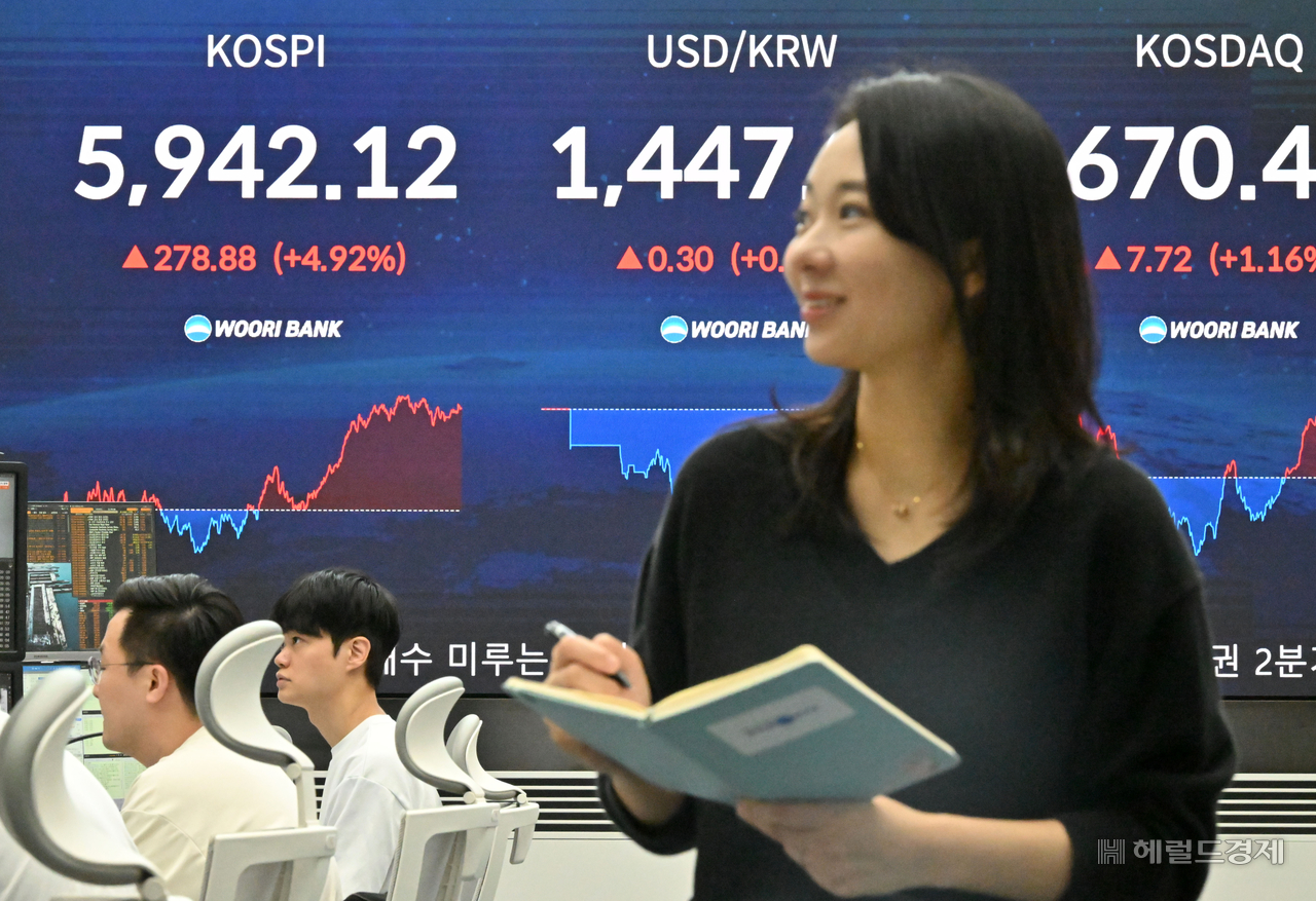 코스피 지수가 30일 보합권으로 출발한 뒤 삼성전자와 SK하이닉스 등 반도체주 강세 전환에 급반등했다. 이는 삼성전자가 2026년도 2분기 컨퍼런스콜을 통해 내년도 메모리반도체 공급 부족이 심화 될 것이라는 전망을 내놓으며 불안정한 시장의 투자심리가 개선된 영향으로 풀이된다. 이날 오전 서울 중구 우리은행 딜링룸 전광판에 코스피 지수가 전 거래일보다 278.88포인트 상승한 5942.12포인트를 기록하고 있다. 임세준 기자