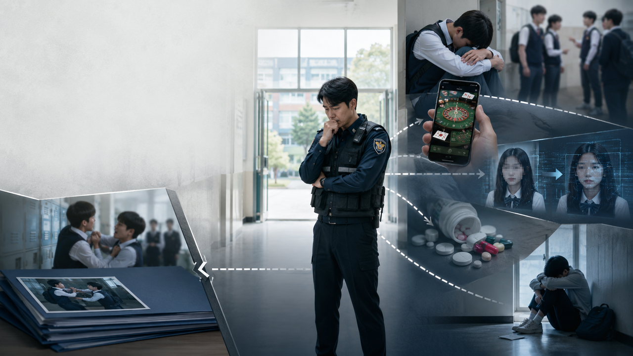학교전담경찰관이 학교폭력을 넘어 도박, 딥페이크, 마음건강 등 학생들이 겪는 각종 문제를 도맡으며 역할 재정립 목소리가 커지고 있다.  [챗GPT 제작]