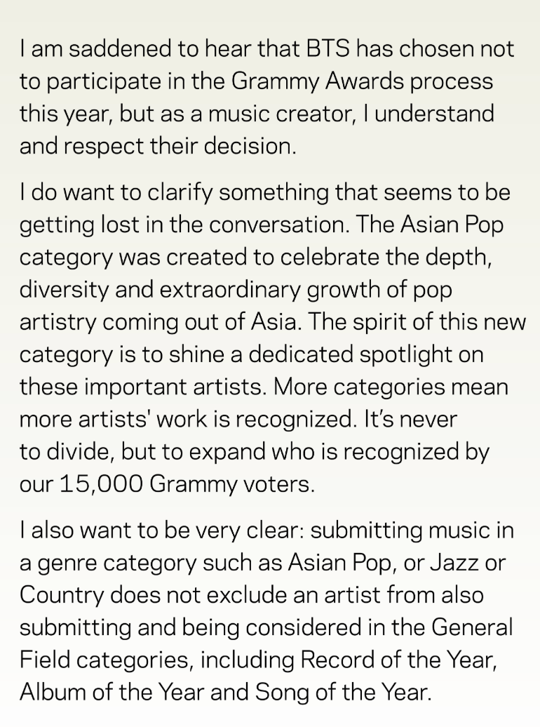 Statement by Harvey Mason Jr., CEO of the Recording Academy (Grammys Instagram)