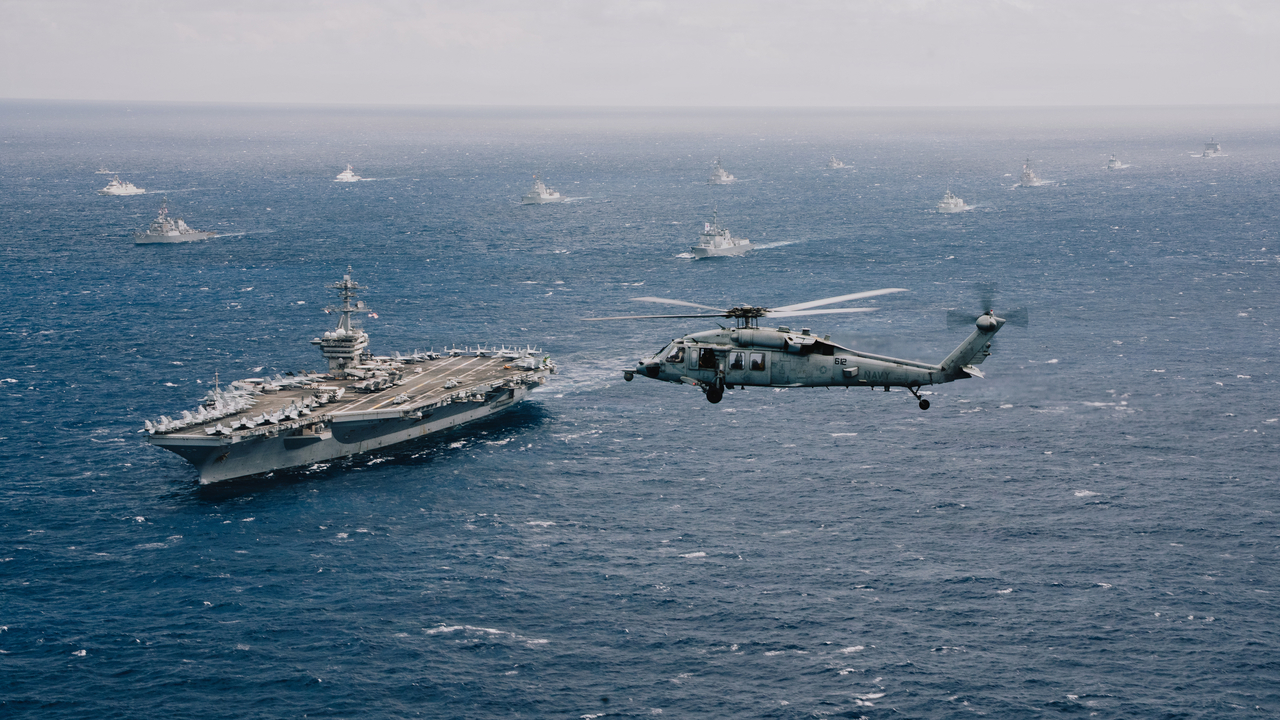 This photo, released by the US Navy, shows the Rim of the Pacific Exercise in progress near the Hawaiian Islands on July 22, 2026.  (Yonhap)