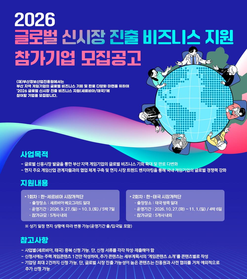 ‘2026 게임산업 글로벌 신시장 진출 비즈니스 지원’ 참가기업 모집공고 포스터 [부산정보산업진흥원 제공]