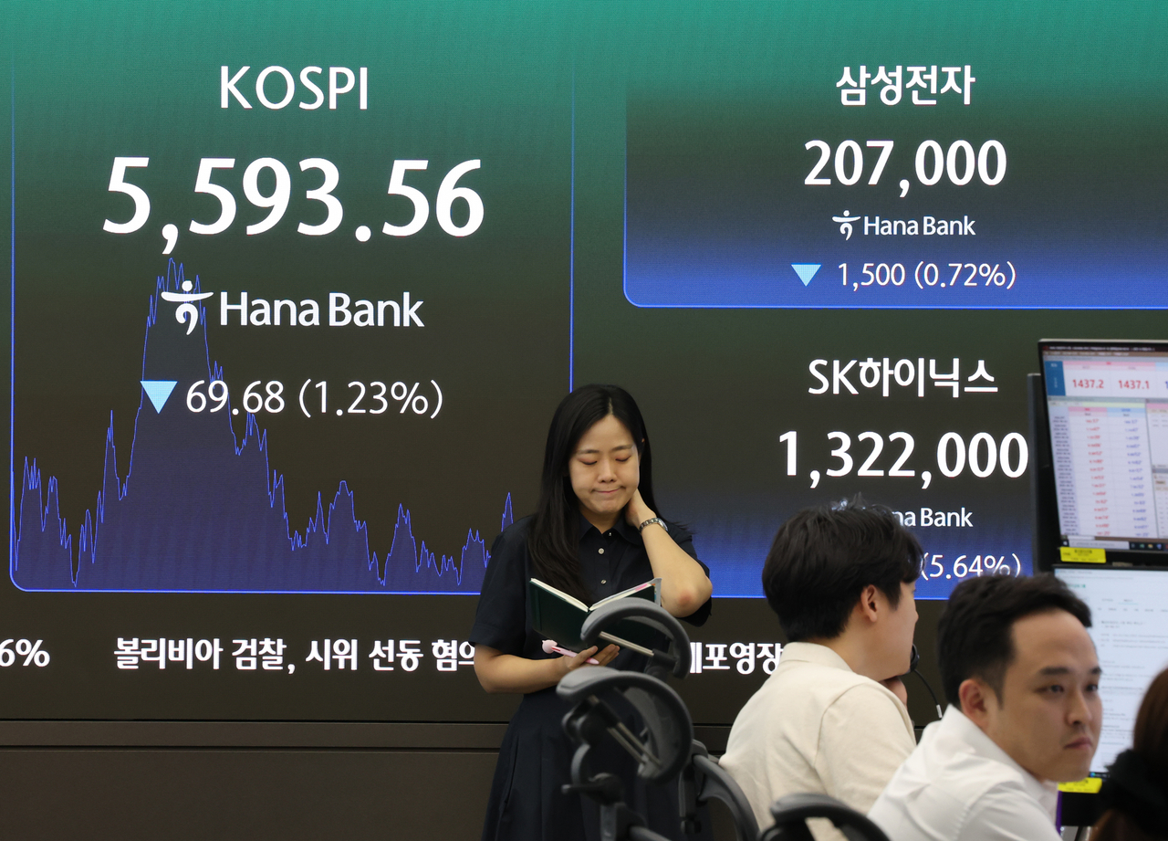 An electronic board showing the Korea Composite Stock Price Index at a dealing room of the Hana Bank headquarters in Seoul on Thursday. (Yonhap)