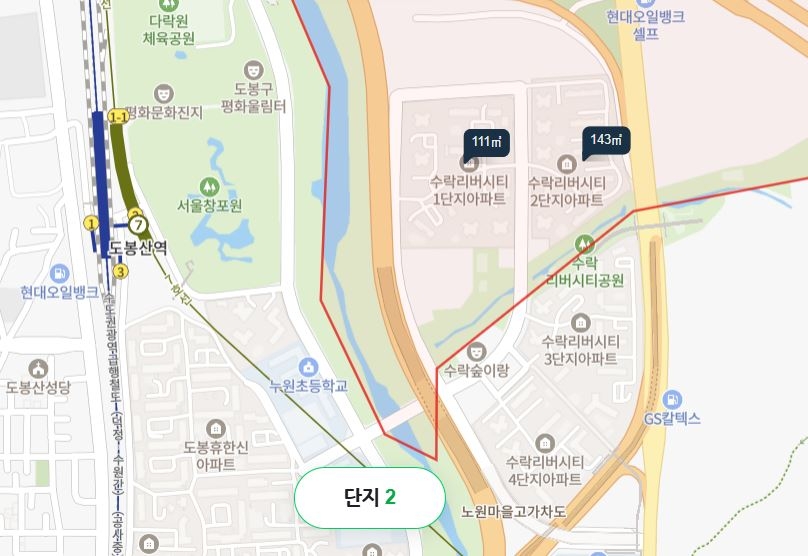 수락리버시티 1~4단지. 빨간 표시에 들어와있는 쪽이 의정부시 장암동에 속하는 1,2단지.  아래는 노원구 상계동에 속하는 3,4단지다. [네이버 지도]