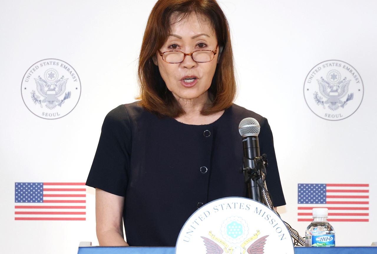 New US Ambassador to South Korea Michelle Steel speaks to reporters after her arrival at Incheon International Airport, west of Seoul, on Thursday, to assume her post. (Yonhap)