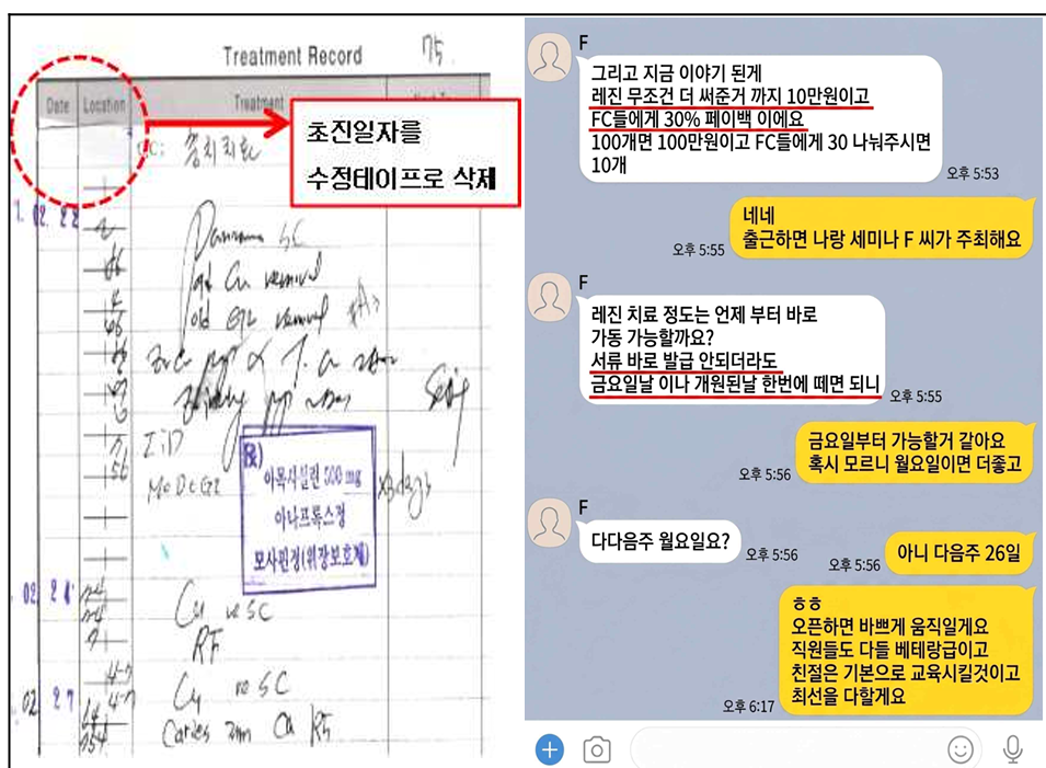 초진 일이 조작된 진료기록부(왼쪽)와 보험설계사F,간호조무사 A대화 내역 [서울남부지검 제공]