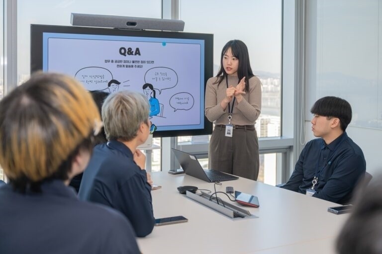 Employees from Coupang Inc's inclusive management team, which oversees an AI data quality verification role created for workers with disabilities, hold a meeting. [Coupang Inc]