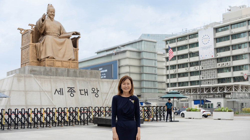 US Ambassador to South Korea Michelle Steel poses for a photo in front of the statue of King Sejong in Gwanghwamun Square in central Seoul. (Screenshot from Steel's X account)
