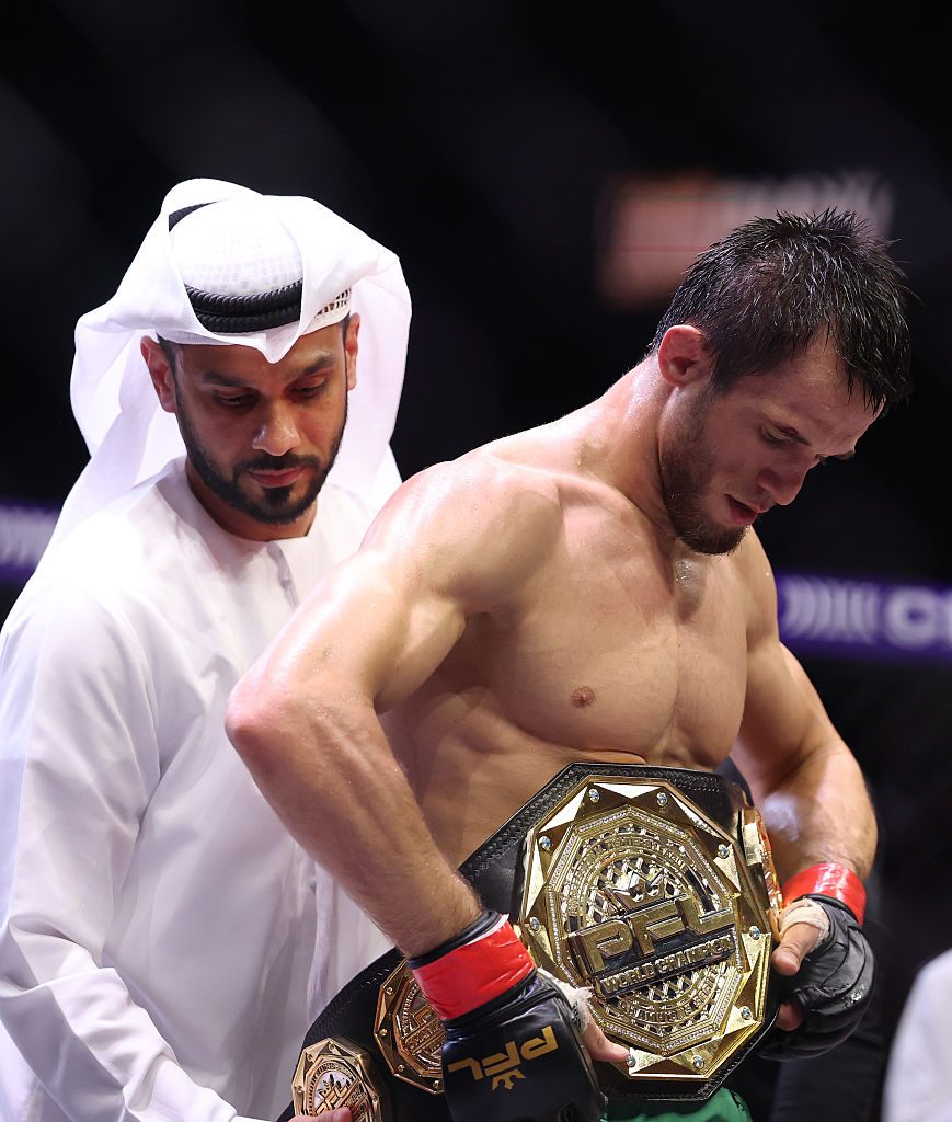 Usman Nurmagomedov wears his championship belt. [Getty Images]