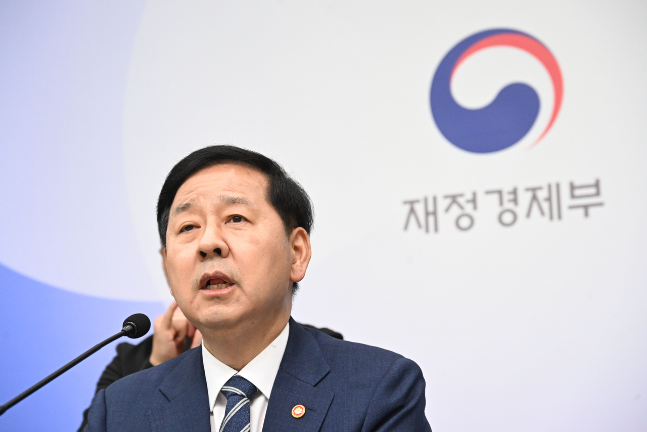 Deputy Prime Minister and Finance Minister Koo Yun-cheol speaks during a press briefing on the 2026 tax reform held in Sejong on Thursday. (The Ministry of Economy and Finance)