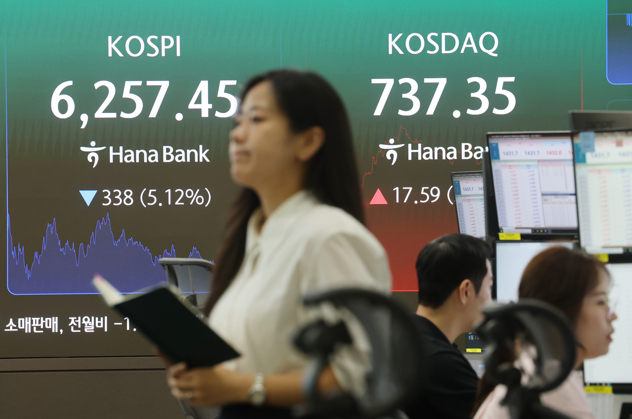 An electronic board showing the Korea Composite Stock Price Index at a dealing room of the Hana Bank headquarters in Seoul on Monday. (Yonhap)