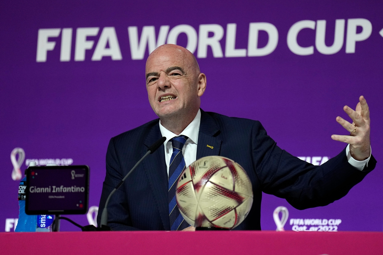 FIFA President Gianni Infantino gestures as he meets the media at the FIFA World Cup Qatar 2022 closing press conference in Doha, Qatar, Dec. 16, 2022.    (AP-Yonhap)