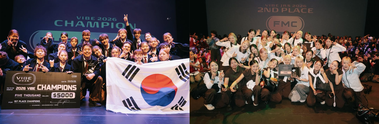 The Stories (left) and FMC celebrate after finishing first at the 2026 Vibe Competition and second at the 2026 Vibe Junior competition, respectively. (Vibe)