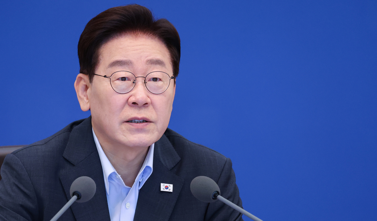 President Lee Jae Myung speaks during a Cabinet meeting at Cheong Wa Dae in Seoul on Tuesday. (Pool photo via Yonhap)