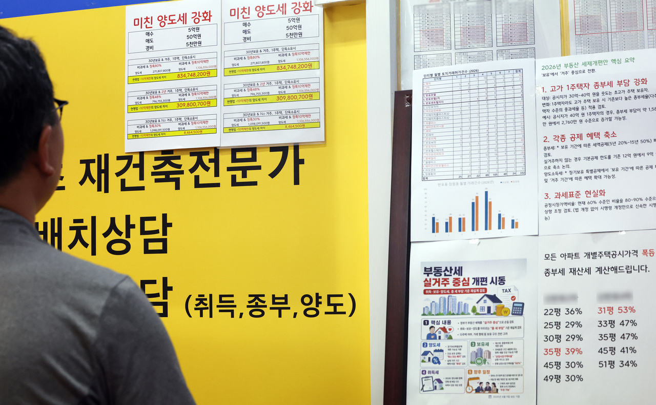 A notice about property holding taxes and capital gains taxes posted at a real estate agency in Gangnam, Seoul, on Monday. (Yonhap)