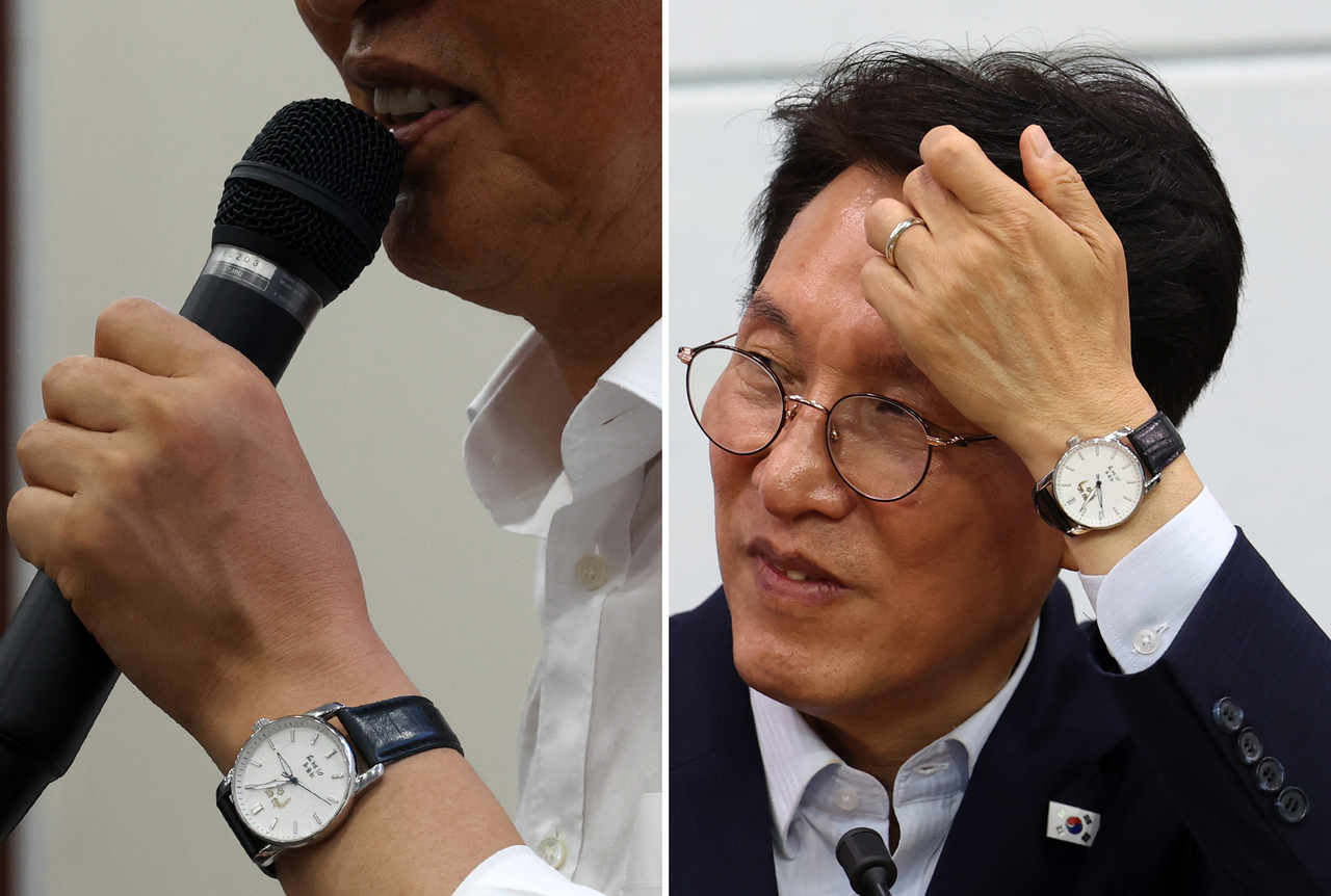 지역 당심을 공략하고자 강원을 찾은 더불어민주당 정청래(왼쪽)·김민석 당대표 후보가 똑같은 이재명 대통령 손목시계를 찬 모습이 포착돼 눈길을 끈다. 왼쪽은 3일 원주시의회를 찾은 정 후보, 오른쪽은 지난달 23일 강원도청을 찾은 김 후보의 모습.  [연합]