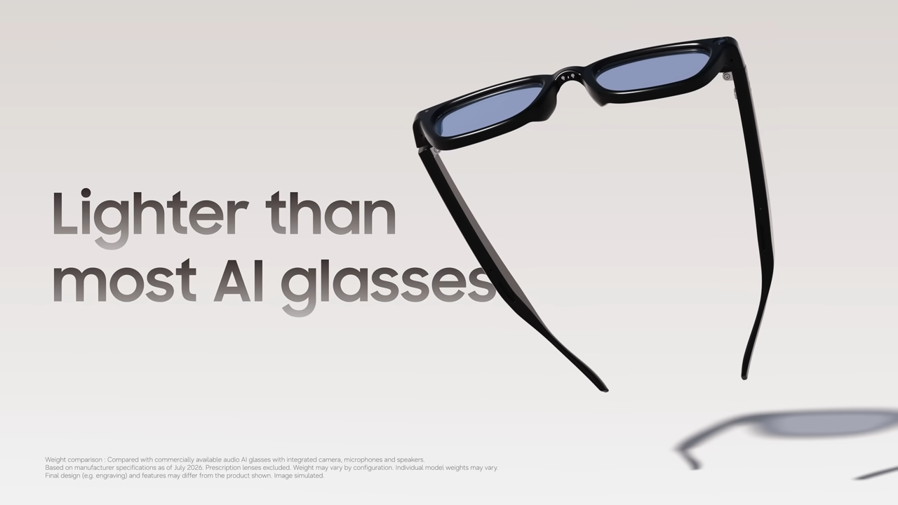 Samsung promotes its first Intelligent Eyewear as lighter than most commercially available audio AI glasses. The company has not disclosed the product’s exact weight or price, and says the final specifications may vary by model and configuration. (Samsung Electronics)