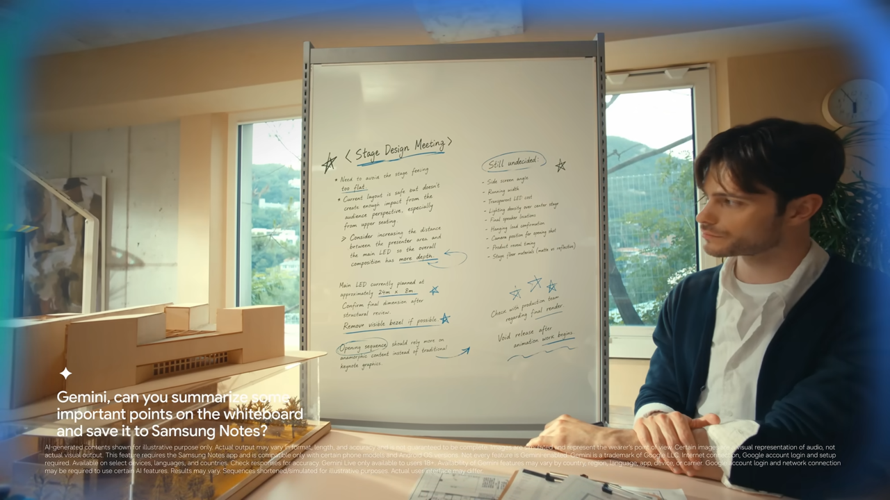 Gemini reads and summarizes notes on a whiteboard through Samsung’s glasses camera. The on-screen text and graphics are for demonstration only and are not visible to the wearer, who receives the response by audio. (Screen capture from Samsung Electronics’ Galaxy Unpacked livestream on YouTube)