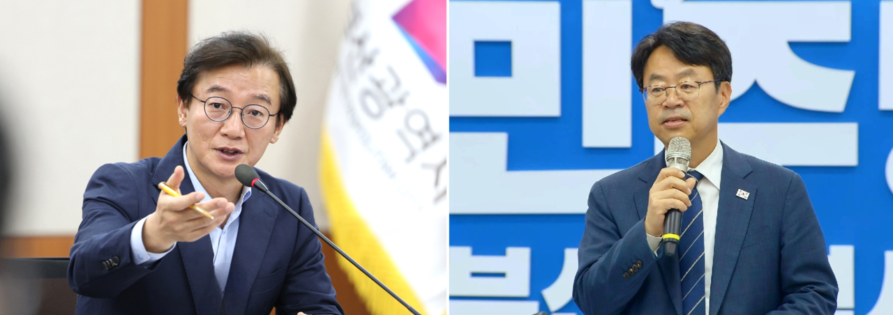 Busan Mayor Jeon Jae-soo (left) speaks at the city's public-institution relocation task force meeting on Monday, and Democratic Party of Korea Busan chapter chair Park Hong-bae addresses a party member forum on July 29. (Busan City / Rep. Park Hong-bae's Facebook)