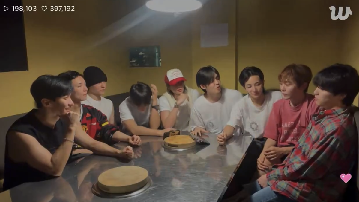 The bandmates of Seventeen converse during a live broadcast on Weverse on Sunday. (Screenshot via Weverse)