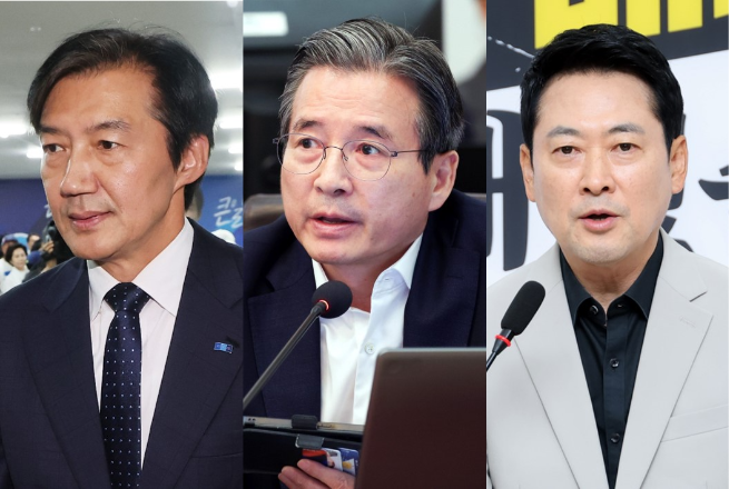 From left: Former Rebuilding Korea Party Chair Cho Kuk, Chief Presidential Secretary for Policy Kim Yong-beom and People Power Party Chair Rep. Jang Dong-hyeok (Newsis, Yonhap)