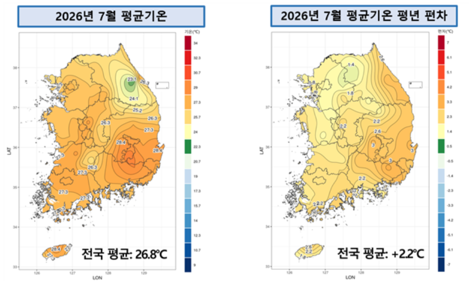 2026년 7월 평균기온 및 평년 편차 [기상청 제공]