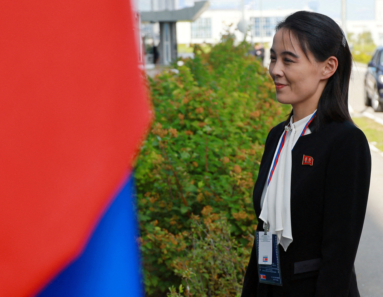 Kim Yo-jong, sister of North Korea's leader Kim Jong-un, arrives at the Vostochny Cosmodrome before a meeting of Russia's President Vladimir Putin with North Korea's leader Kim, in the far eastern Amur region, Russia, on Sept. 13, 2023. (Reuters-Yonhap)